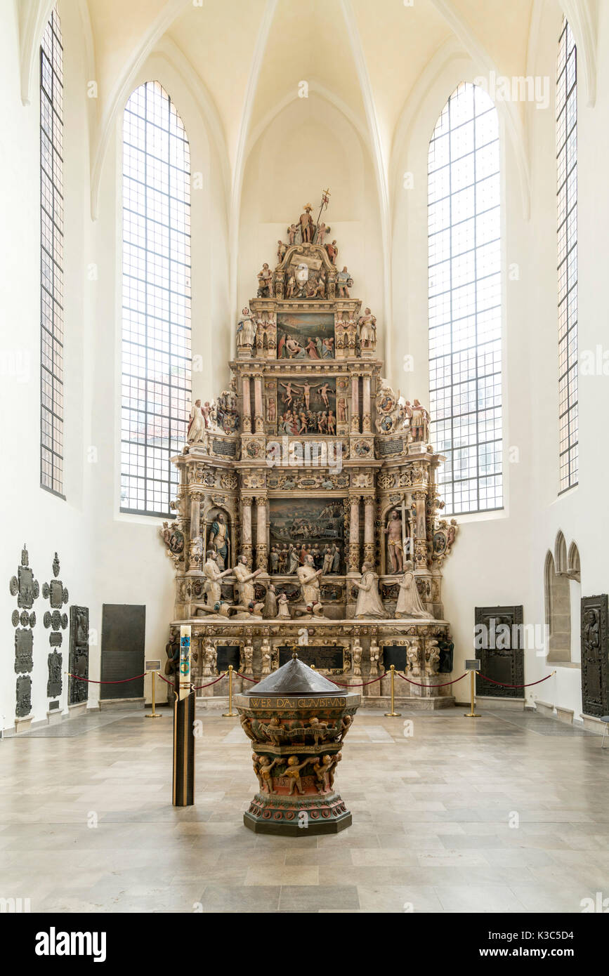 Alabaster Epitaph in der Morizkirche Coburg, Oberfranken, Bayern, Deutschland | Renaissance alabaster Epitaph, Morizkirche, Coburg, Obere Franc Stockfoto
