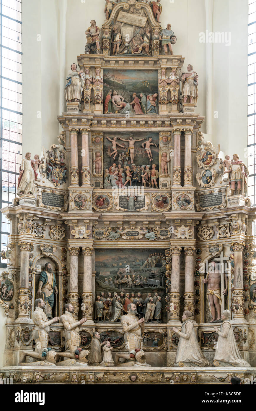 Alabaster Epitaph in der Morizkirche Coburg, Oberfranken, Bayern, Deutschland | Renaissance alabaster Epitaph, Morizkirche, Coburg, Obere Franc Stockfoto