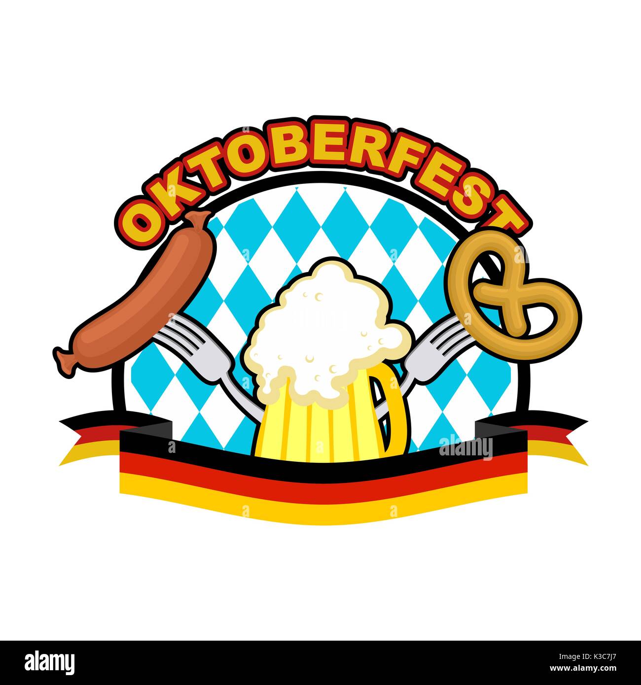 Oktoberfest Logo. Bier, Wurst und Brezel. Zeichen nationaler Feiertag von Bier in Deutschland. Alkohol und Cracker. Blaue Rauten und Farbband Flagge von Deutschland Stock Vektor