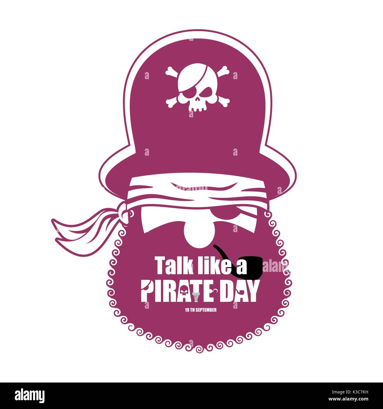 Internationale sprechen wie die Piraten. Pirate Portrait in den Hut. Augenklappe und Rauchen Rohr. filibuster Cap. Knochen und Schädel. Kopf Corsair schwarzen Bart. Stock Vektor