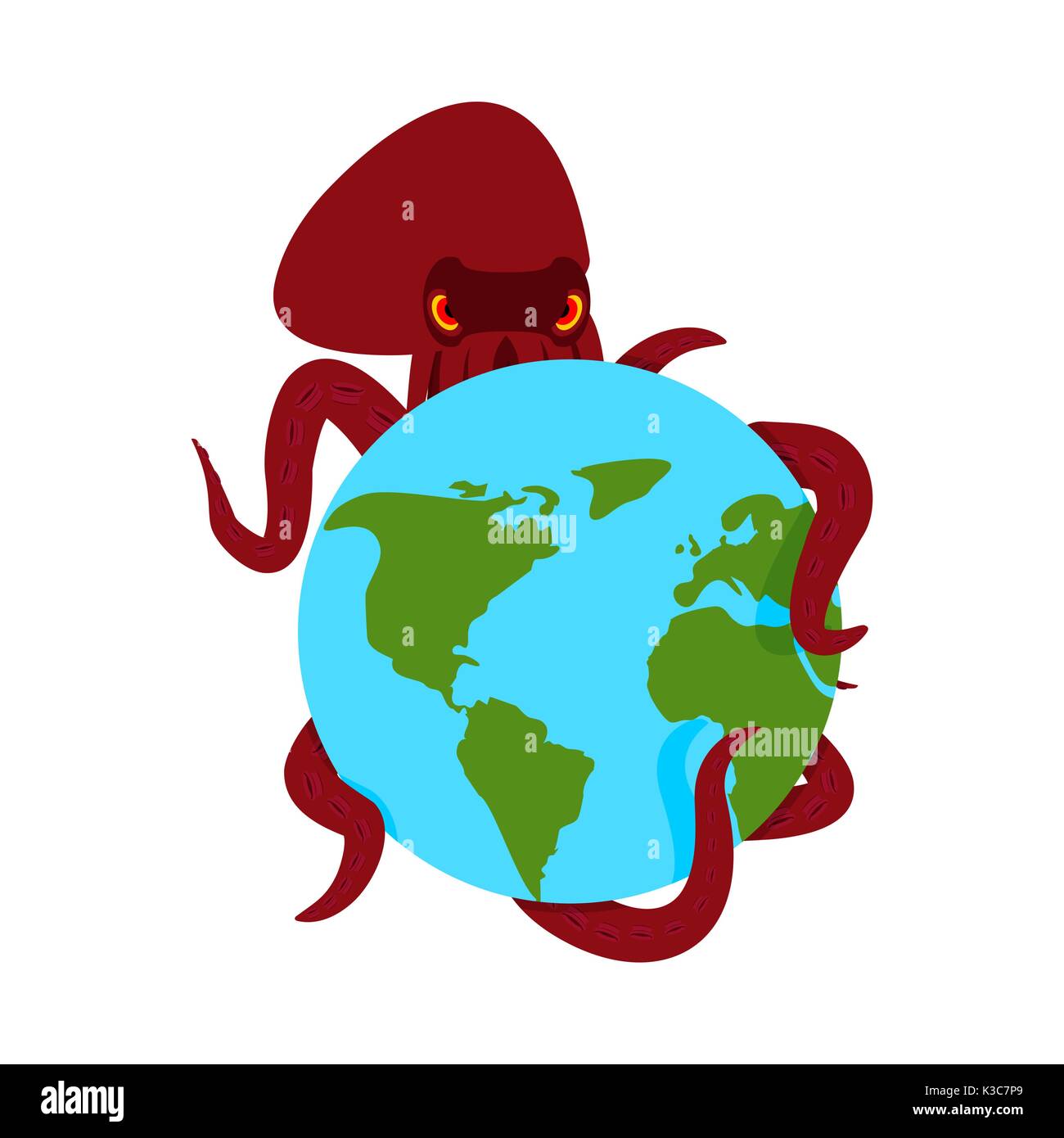 Octopus und Erde. poulpe Monster und Planeten Stock Vektor