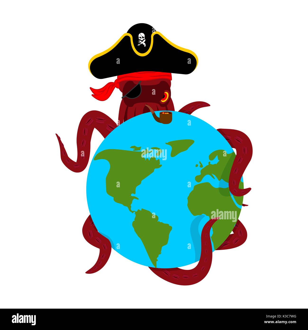 Octopus Pirat und Erde. poulpe Buccaneer und Planet. Augenklappe und Rauchen Rohr. Piraten cap. Knochen und Tier Siehe filibuster Stock Vektor