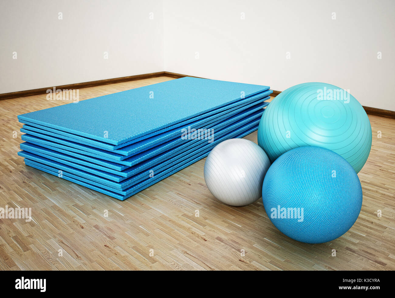 Pilates Matte und Übungskugeln stehend auf Parkettboden. 3D-Darstellung. Stockfoto