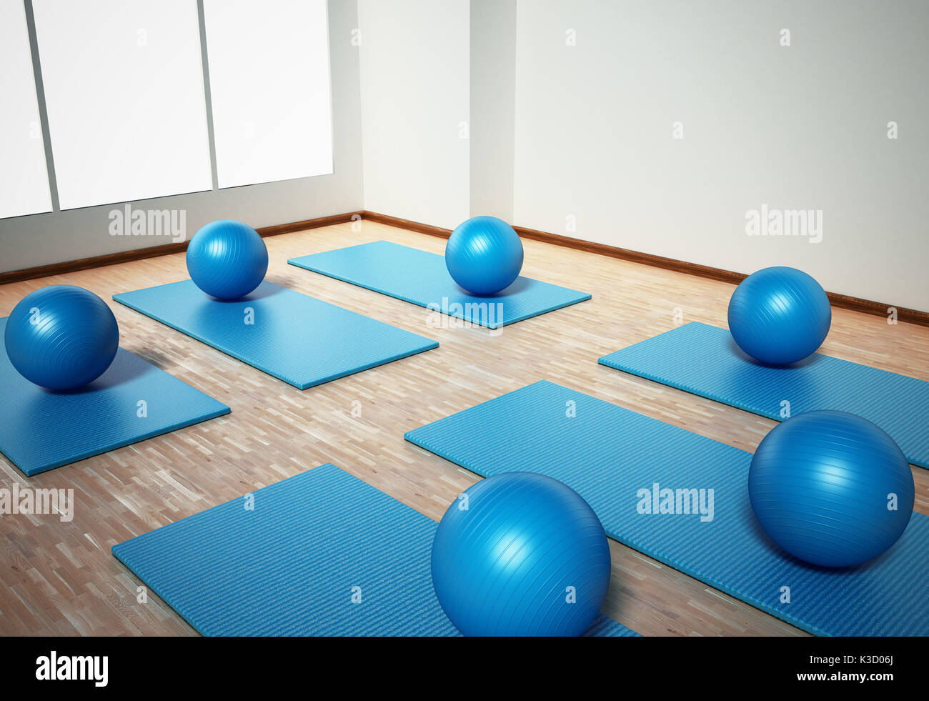 Pilates Matte und Übungskugeln stehend auf Parkettboden. 3D-Darstellung. Stockfoto