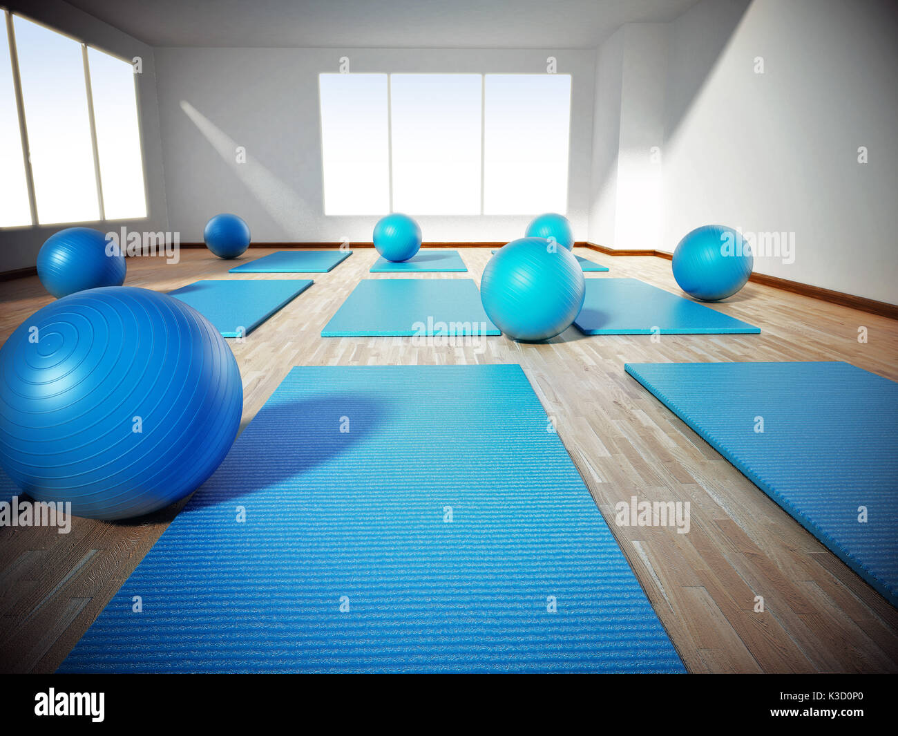 Pilates Matte und Übungskugeln stehend auf Parkettboden. 3D-Darstellung. Stockfoto