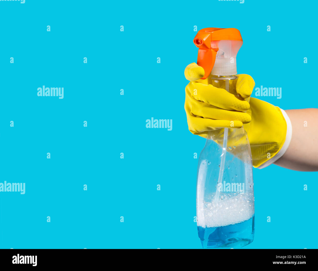 Reinigungsmittel für die Reinigung in weiblicher Hand auf blauem Hintergrund Stockfoto