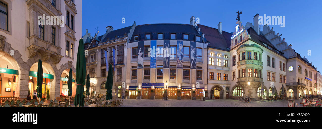 München Platzl mit Schuhbecks Orlando, Bayerischen Staatsballett und Hofbräuhaus, München, Altstadt, Oberbayern, Bayern, Deutschland, Stockfoto