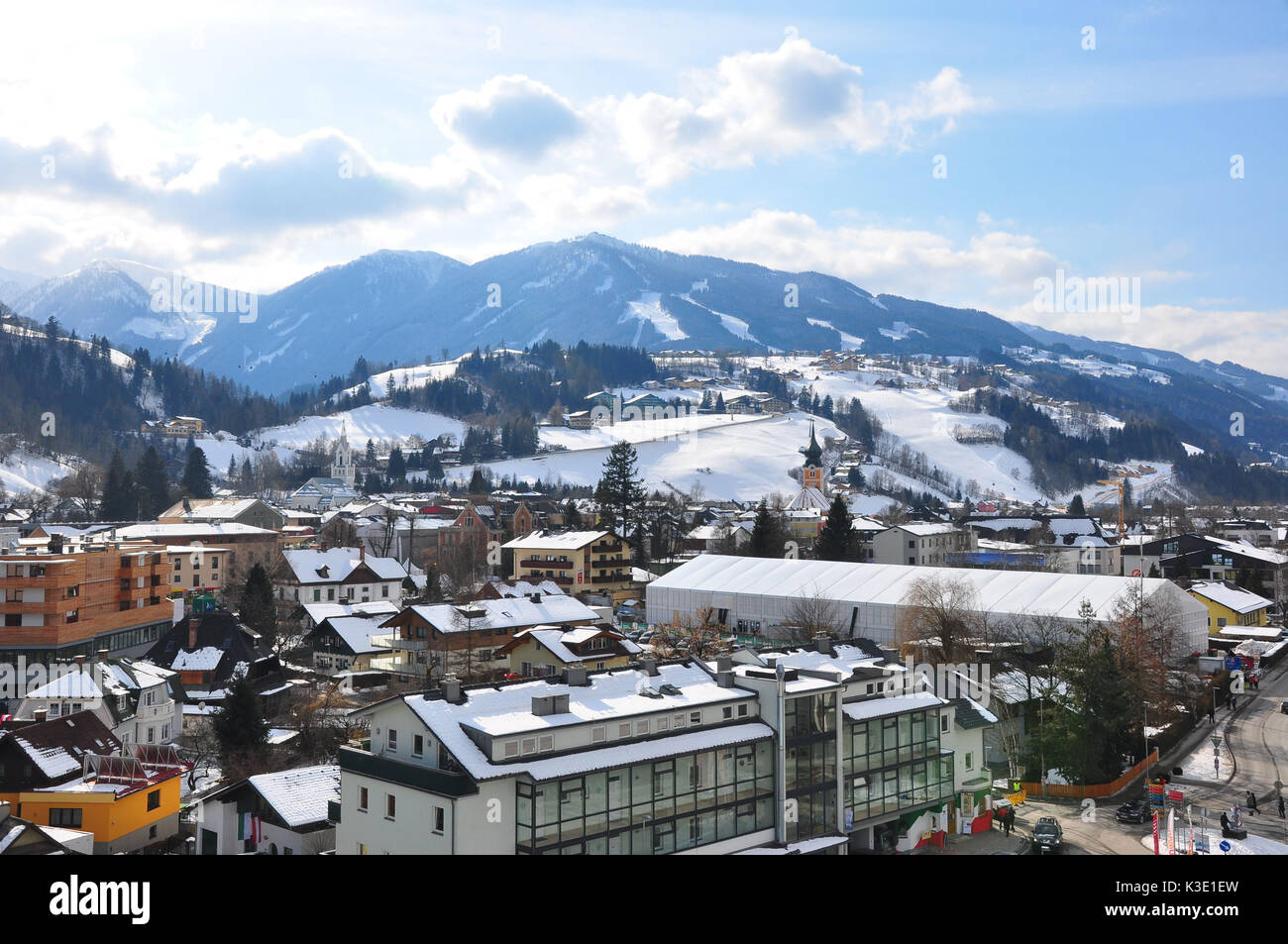 Österreich, Steiermark, Schladming, Ski WM, mit Blick auf einen Platz, Stockfoto