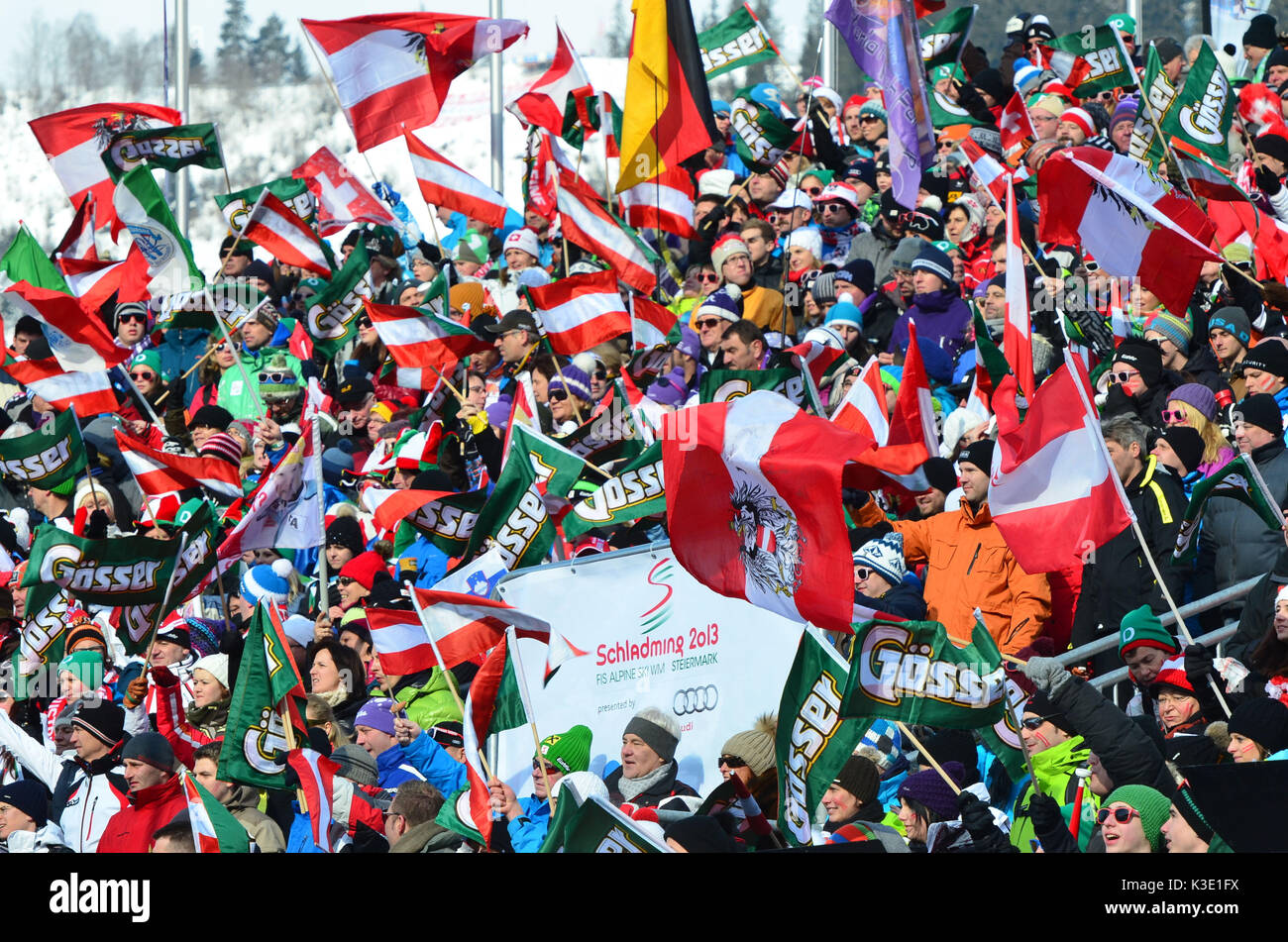 Österreich, Steiermark, Schladming, Skiweltmeisterschaft, Skistadion, Zuschauer, Fans, Fanclubs, Stockfoto