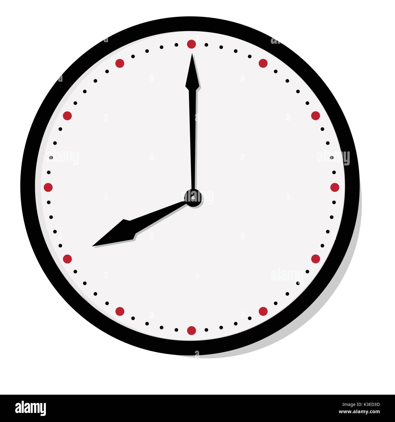 Vektor einfache klassische schwarze und weiße Runde Wanduhr isoliert auf weiss. Uhr an Wand zeigt 08:00 Stock Vektor