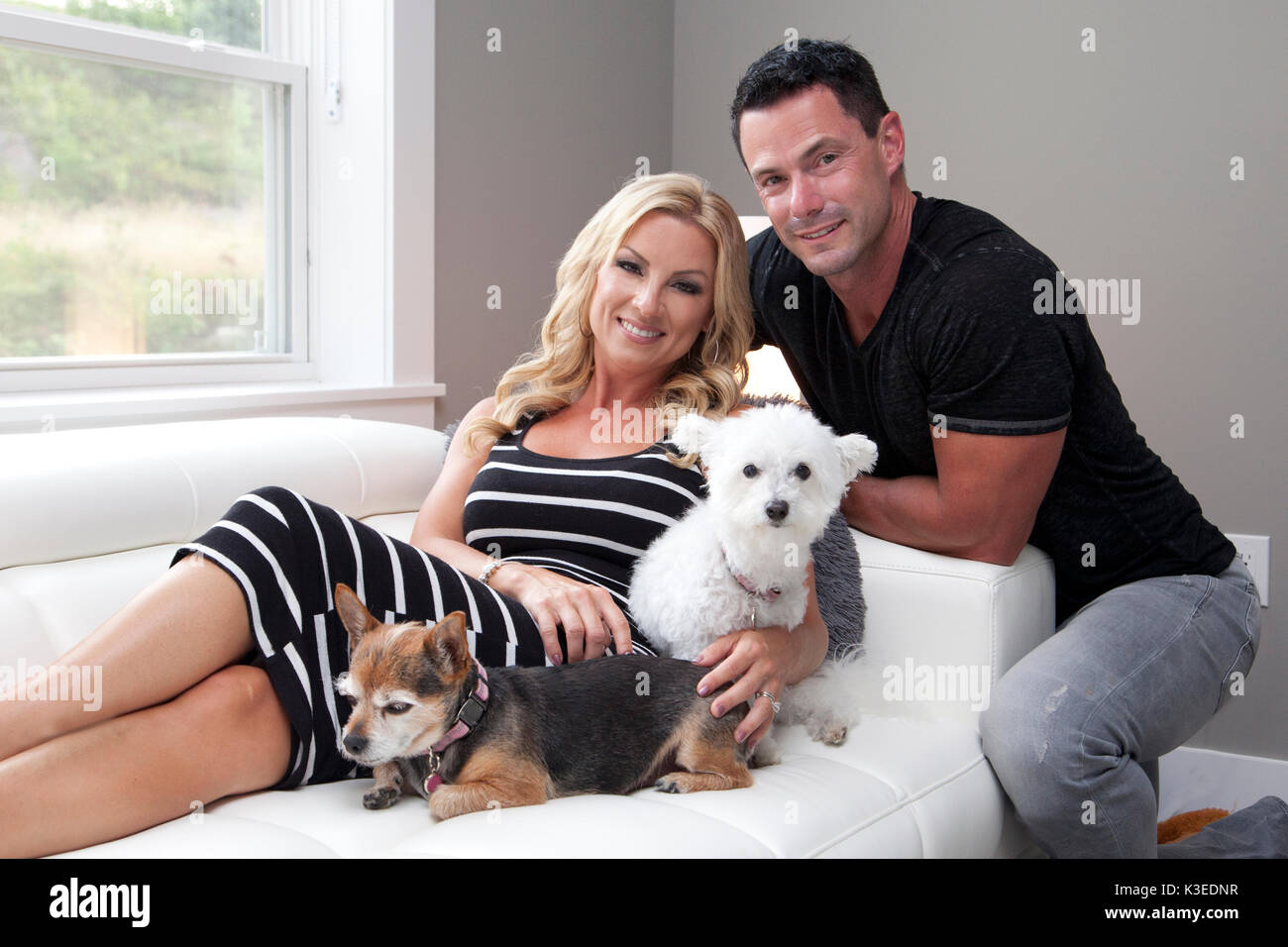 Eine blonde Frau und dunkelhaariger Mann mit ein paar Hunden auf dem Sofa. Stockfoto