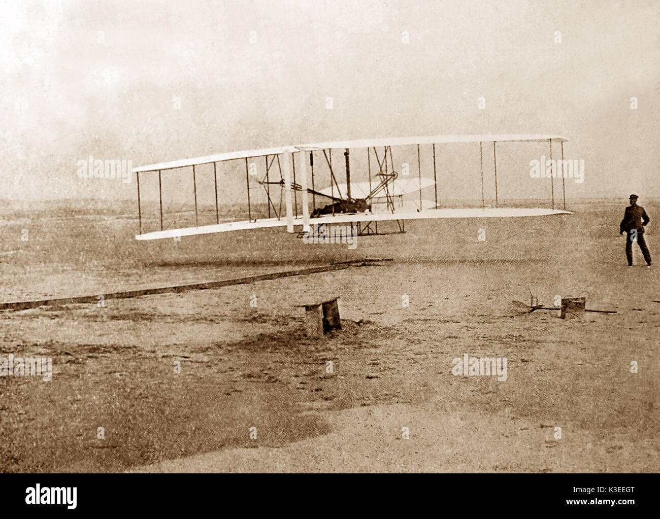 Der erste Flug der Gebrüder Wright in Kitty Hawk, North Carolina am 17. Dezember 1903. Wilbur beobachten Orville Pilotierung der Ebene. Stockfoto