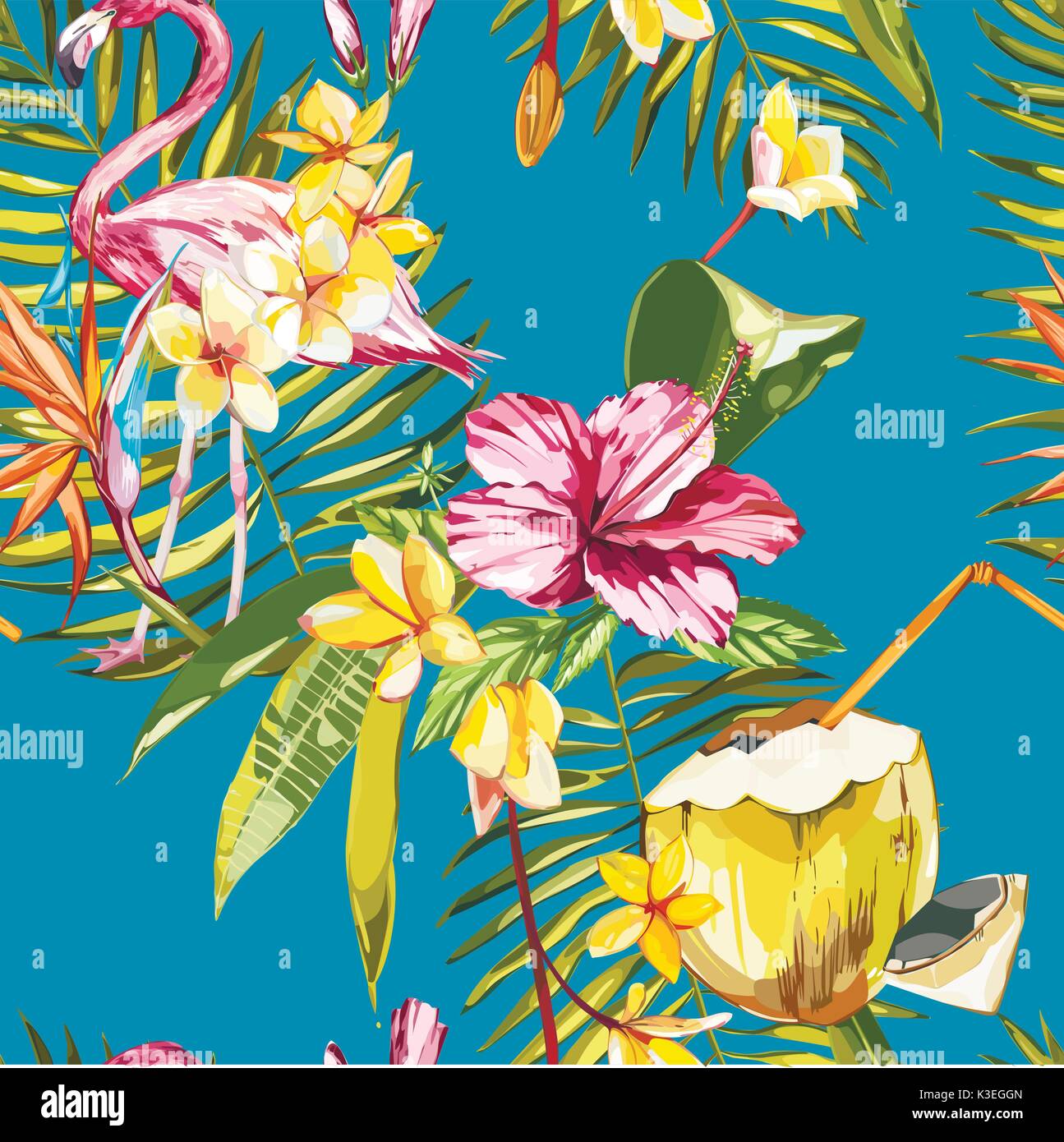 Nahtlose Muster mit tropischen Blumen, Kokos und Flamingo. Element für die Gestaltung von Einladungen, Filmplakate, Stoffen und anderen Objekten. Auf weiß isoliert. Vector EPS 10. Stock Vektor