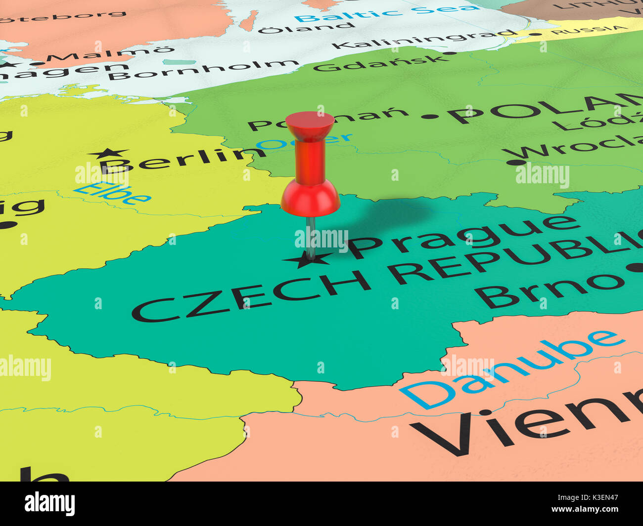 Stecknadel auf Prag Karte Hintergrund. 3D-Darstellung. Stockfoto Stecknadel auf Prag Karte Hintergrund. 3D-Darstellung. Stockfoto