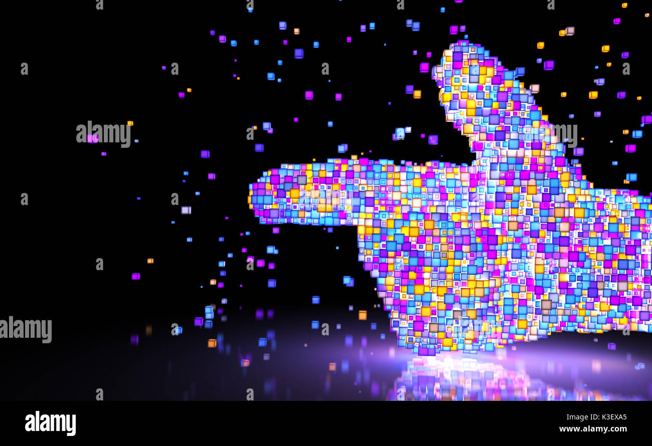 Hand bestehend aus leuchtenden Pixel. 3D-Darstellung Stockfoto