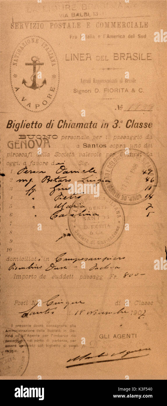 Brasilien italienische Einwanderung Anfang 1900 - Ticket für die Brasilien Stockfoto