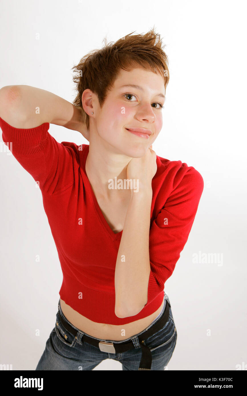 Junge Frau mit roten Pullover Stockfoto