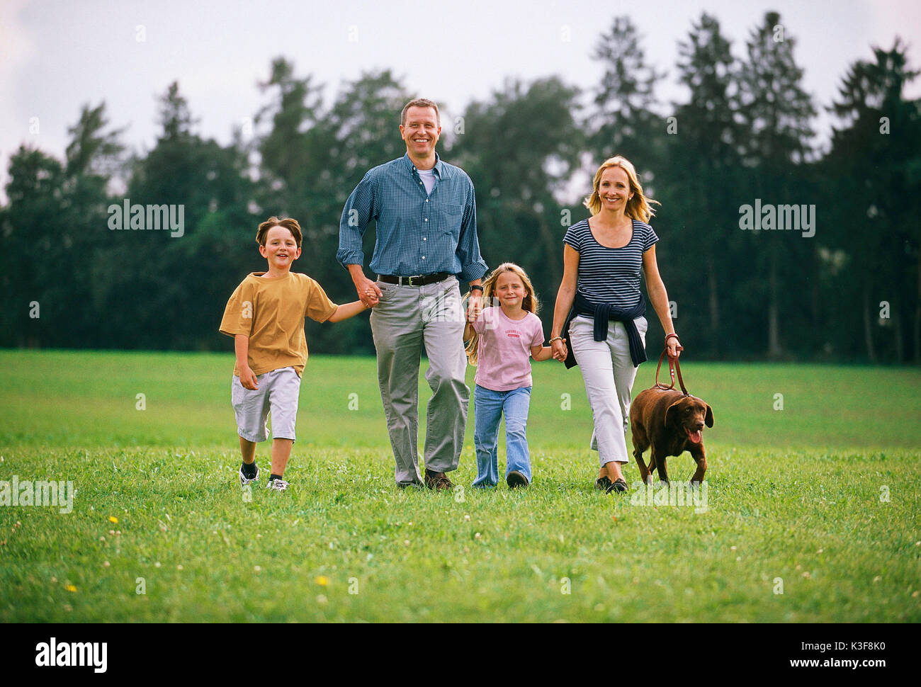 Junge Familie gehen Hand in Hand über einer Wiese Stockfoto
