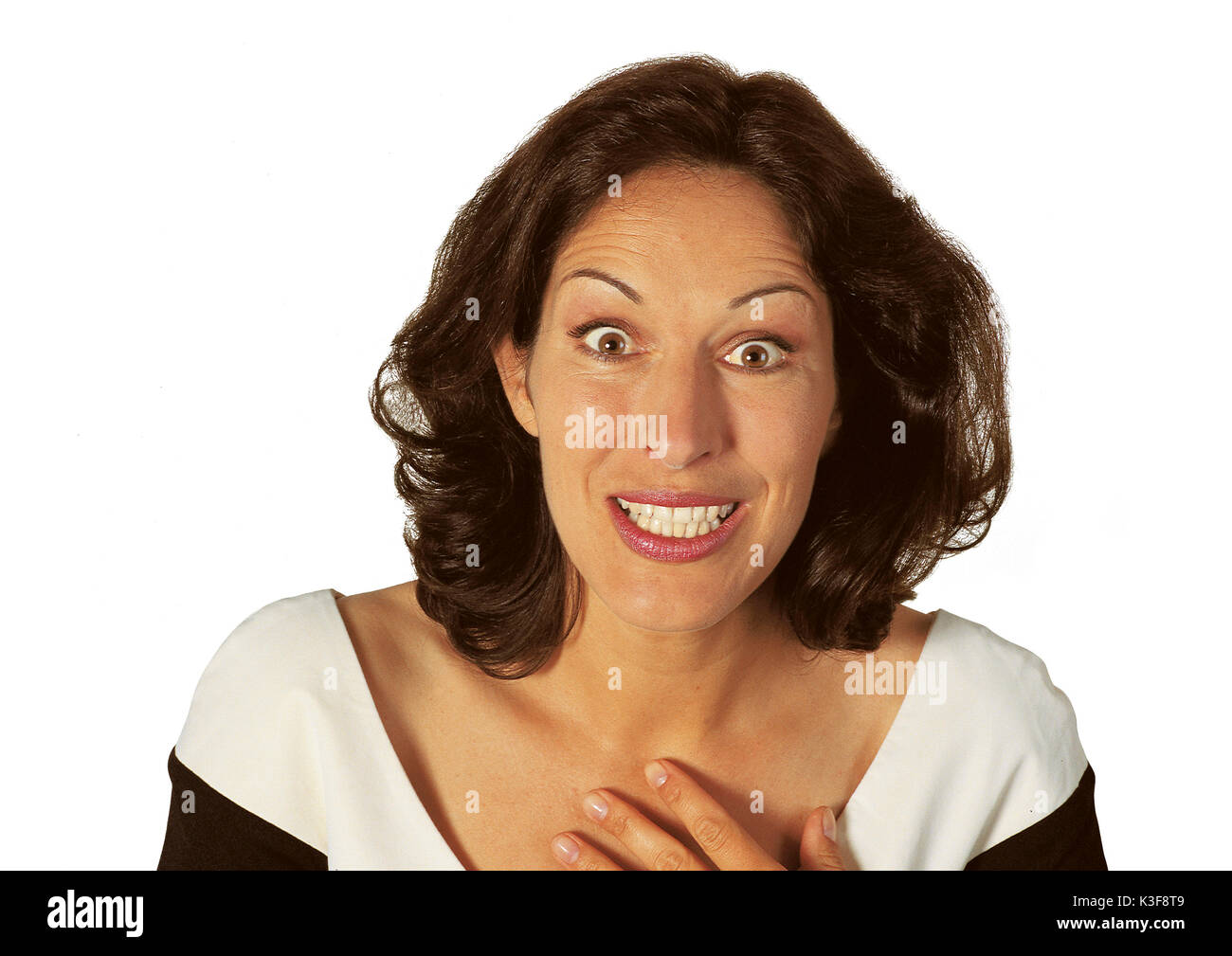 Das erstaunt, erschrocken, überrascht, Frau, die Tränen die Augen öffnen Stockfoto