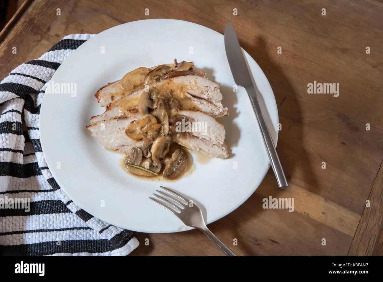 In Scheiben geschnitten Türkei mit Pilz Soße auf Platte Stockfoto