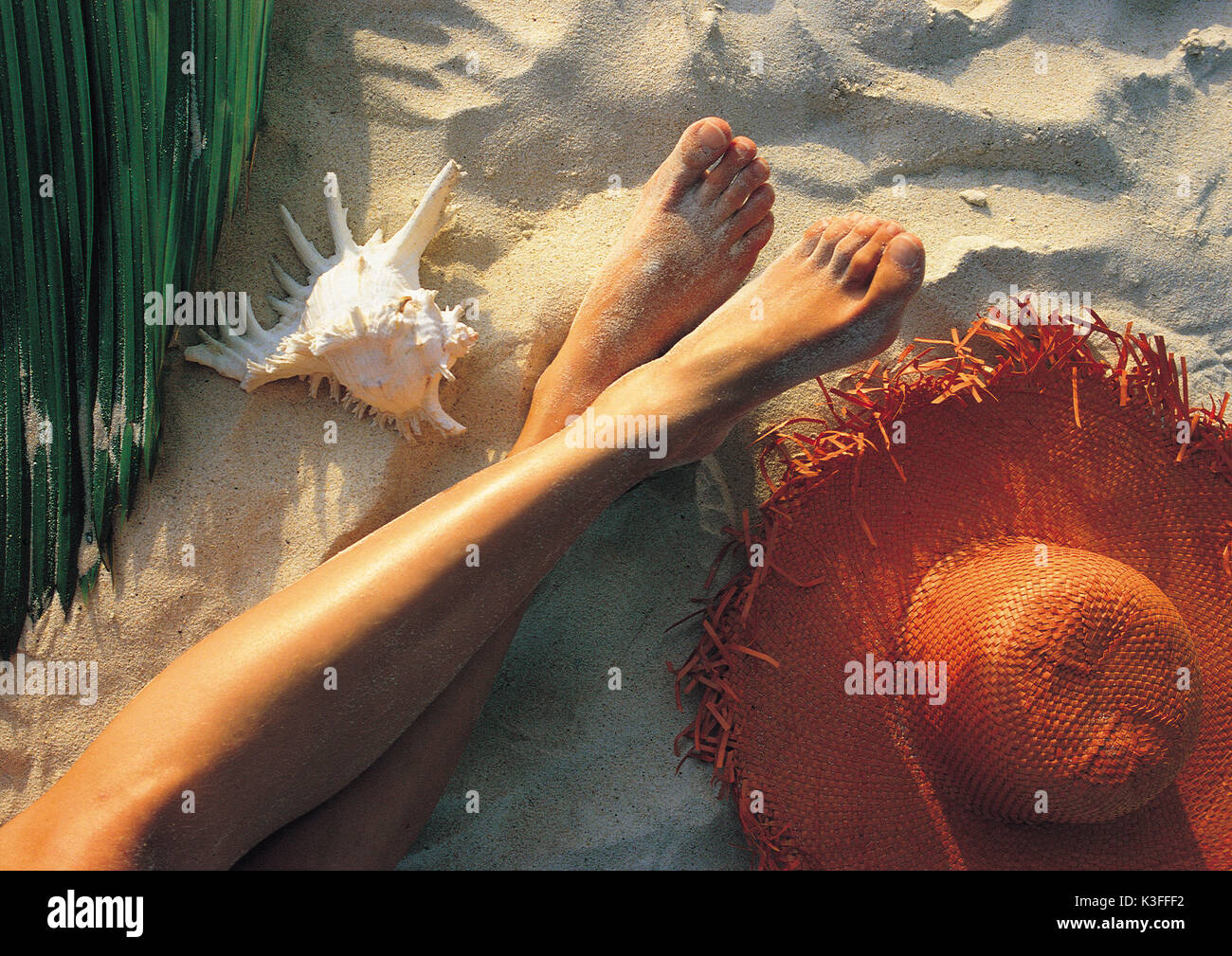 Die Beine der Frau, Sonnenbaden am Strand Stockfoto