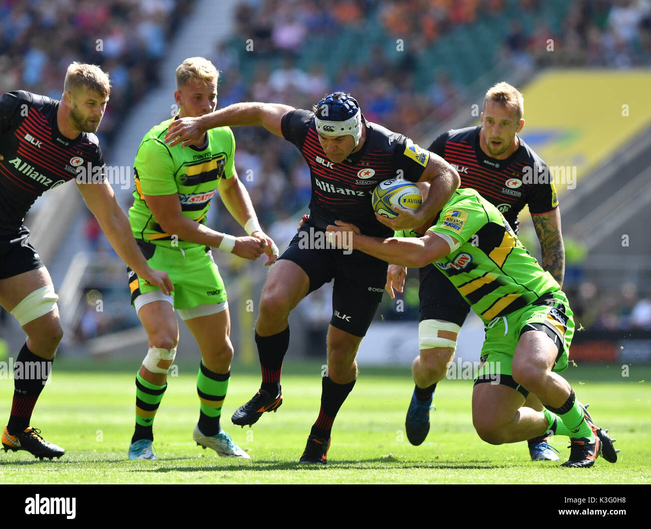 London, Großbritannien. 02 Sep, 2017. Während Aviva Premiership Rugby Sarazenen vs Northampton Saints Twickenham Stadion am Samstag, den 02. September 2017. LONDON ENGLAND. Credit: Taka G Wu Credit: Taka Wu/Alamy leben Nachrichten Stockfoto