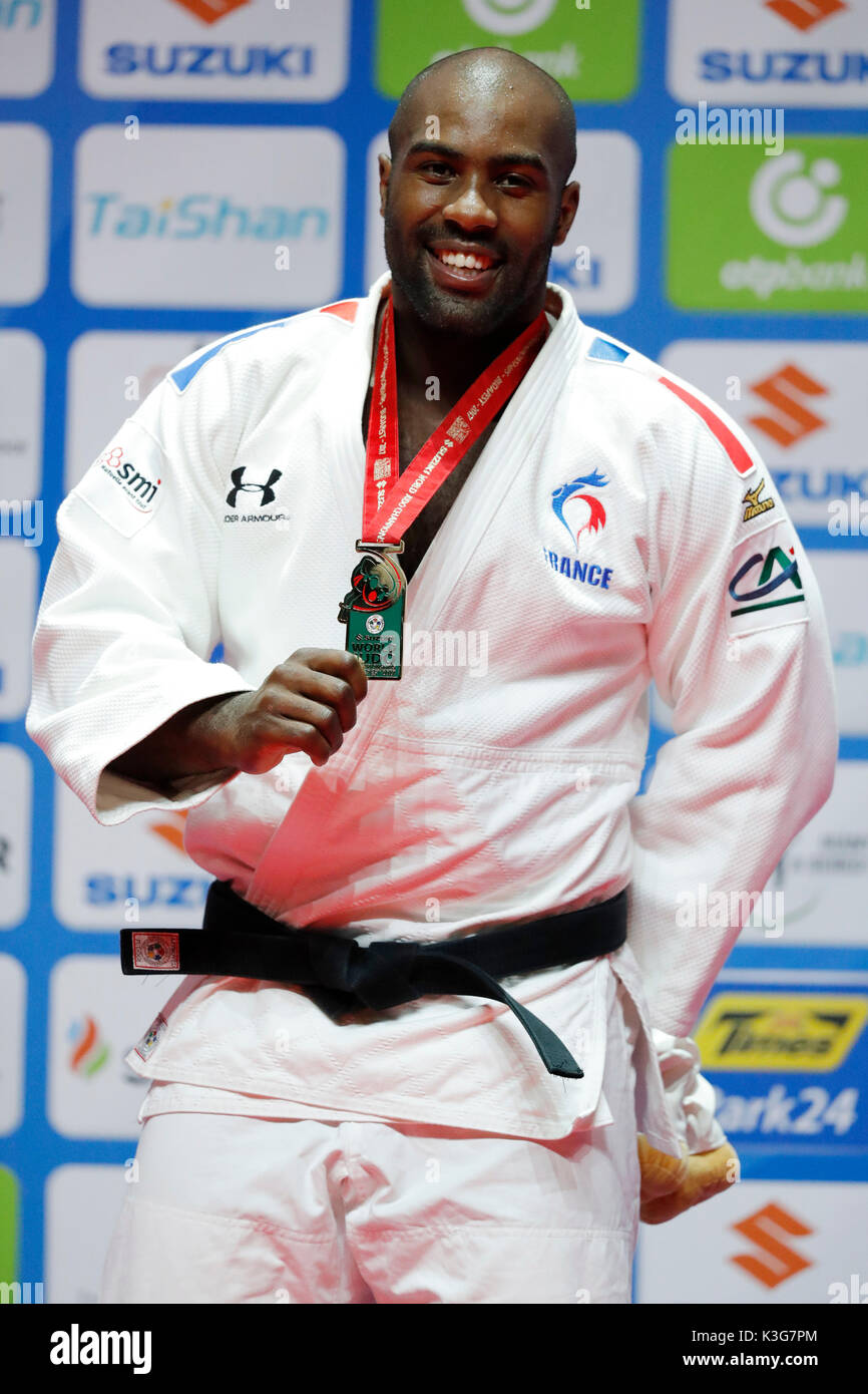 Budapest, Ungarn. 2. Sep 2017. Teddy Riner (FRA), 2. September 2017 - Judo: Suzuki World Judo Championships Budapest 2017 Männer 100 kg Medaille Festakt in Budapest Sport Arena in Budapest, Ungarn. Credit: Yusuke Nakanishi/LBA SPORT/Alamy leben Nachrichten Stockfoto