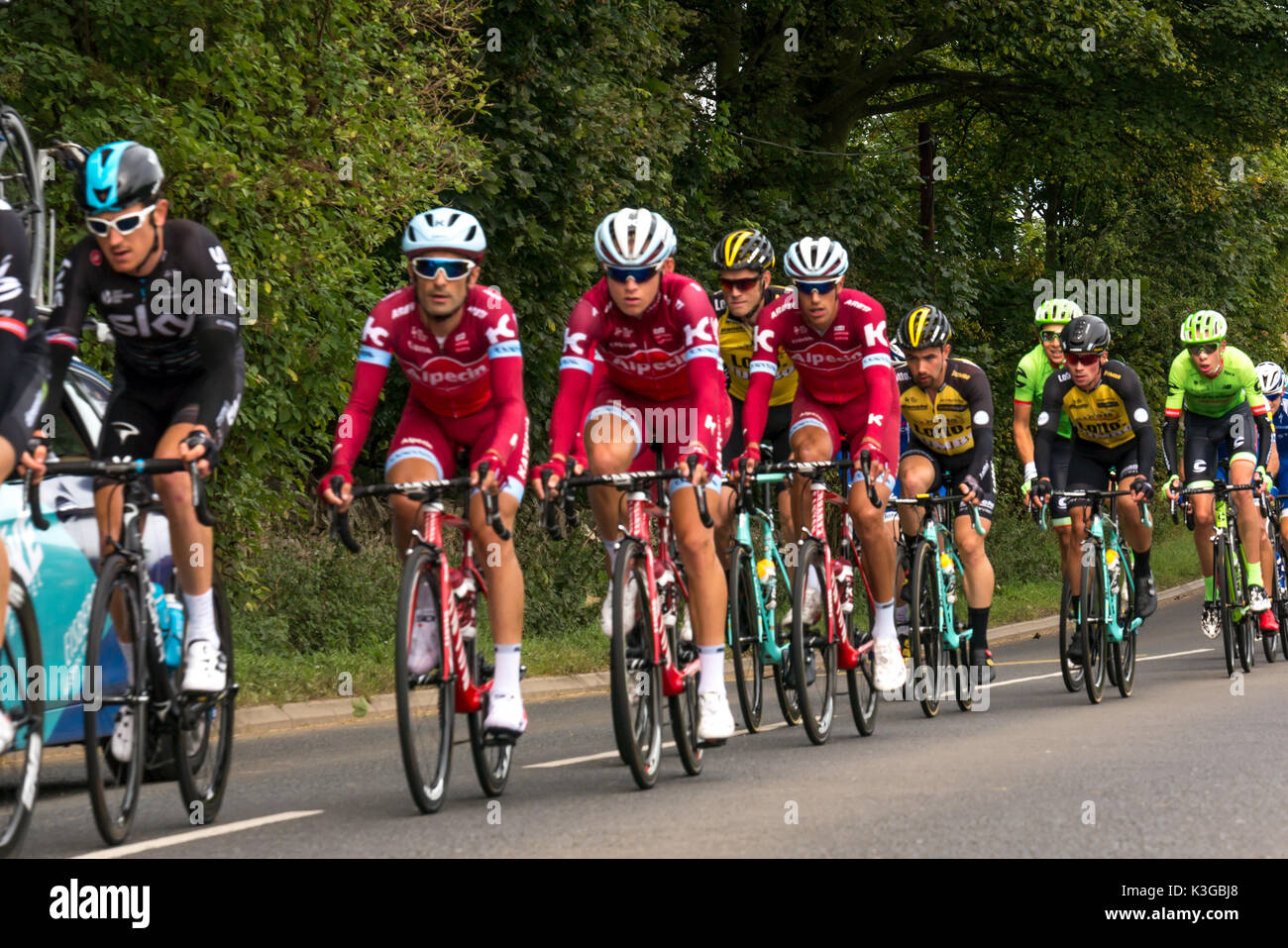 East Lothian, Schottland, Großbritannien, 3. September 2017. Die Hauptstelle der Radfahrer in der Tour of Britain Etappe 1 Radrennen über Byres Hill Stockfoto