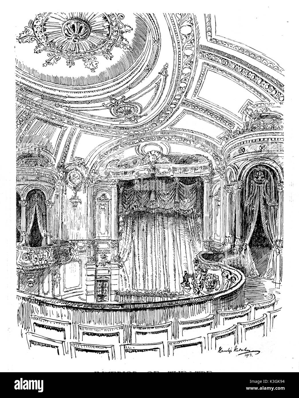 WEST END KINO, 3-4 Coventry Street, London W1 von 1924 umbenannt in der Rialto Auditorium Skizze aus dem Jahre 1913. Es eröffnete im März 1913 WEST END KINO 3-4 Coventry Street, London W1 von 1924 Der Rialto Auditorium Skizze von 1913 umbenannt. Es eröffnete im März 1913 Stockfoto