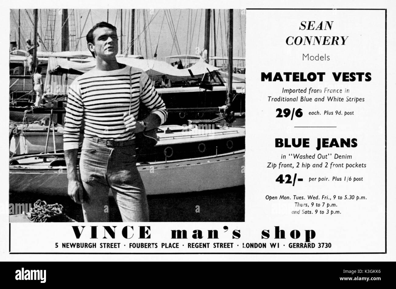 Früh in seiner Karriere Film star SEAN CONNERY modelliert Kleidung im Magazin Anzeigen und Katalogen. Diese Werbung von 1956 Stockfoto