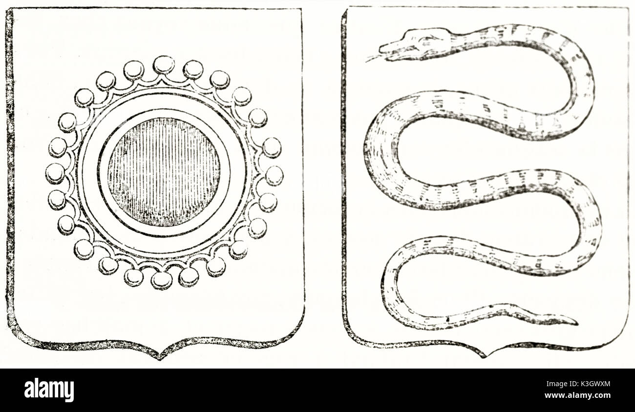 Alte graviert Reproduktion von 2 Wappen: Anhänger rund und Schlange. Von unbekannter Autor, auf Magasin Pittoresque, Paris, 1838 veröffentlicht. Stockfoto