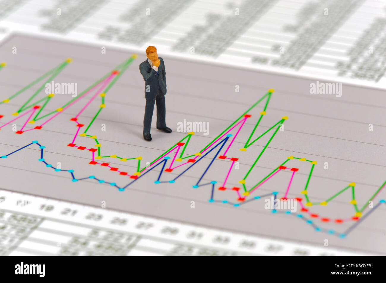 Finanzen mit Plan und nachdenklich Banker als Symbol Stockfoto
