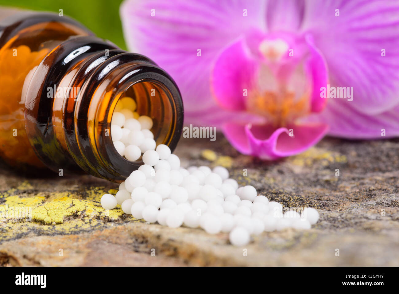 Natur Medizin mit homöopathischen Globuli Stockfoto