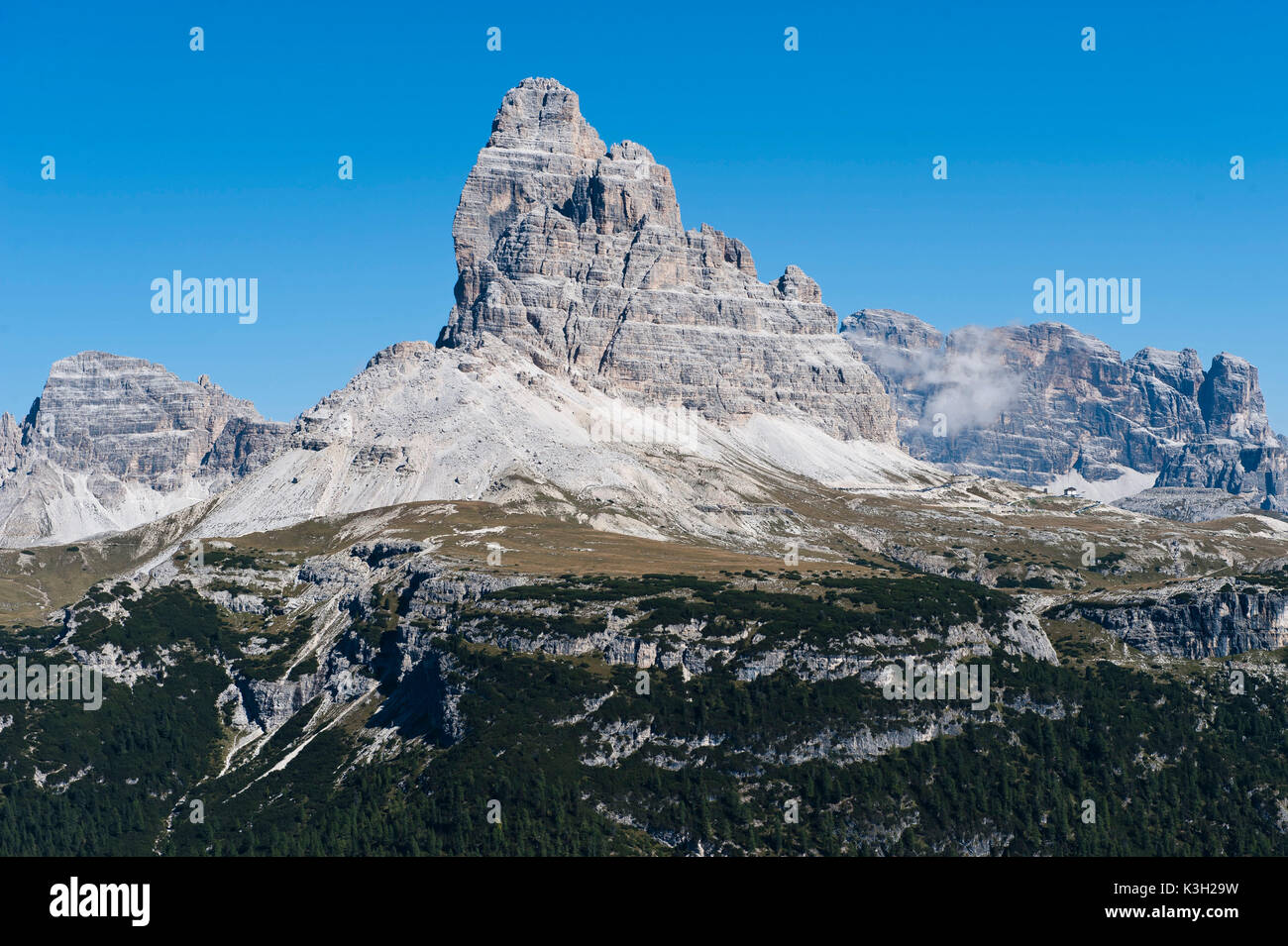 Drei Zinnen, Sextner Dolomiten zu, Luftbild, Hochpustertal, Südtirol, Provinz Belluno, Italien Stockfoto