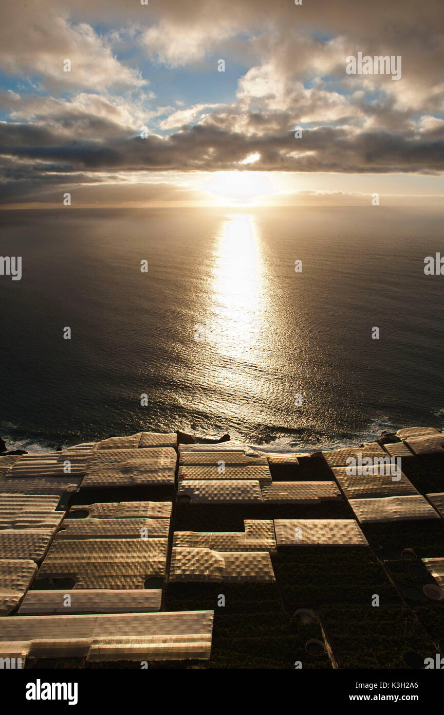 Abendstimmung am Atlantik, Puerto Naos, Insel La Palma, Kanaren Insel, Luftbild, Spanien Stockfoto