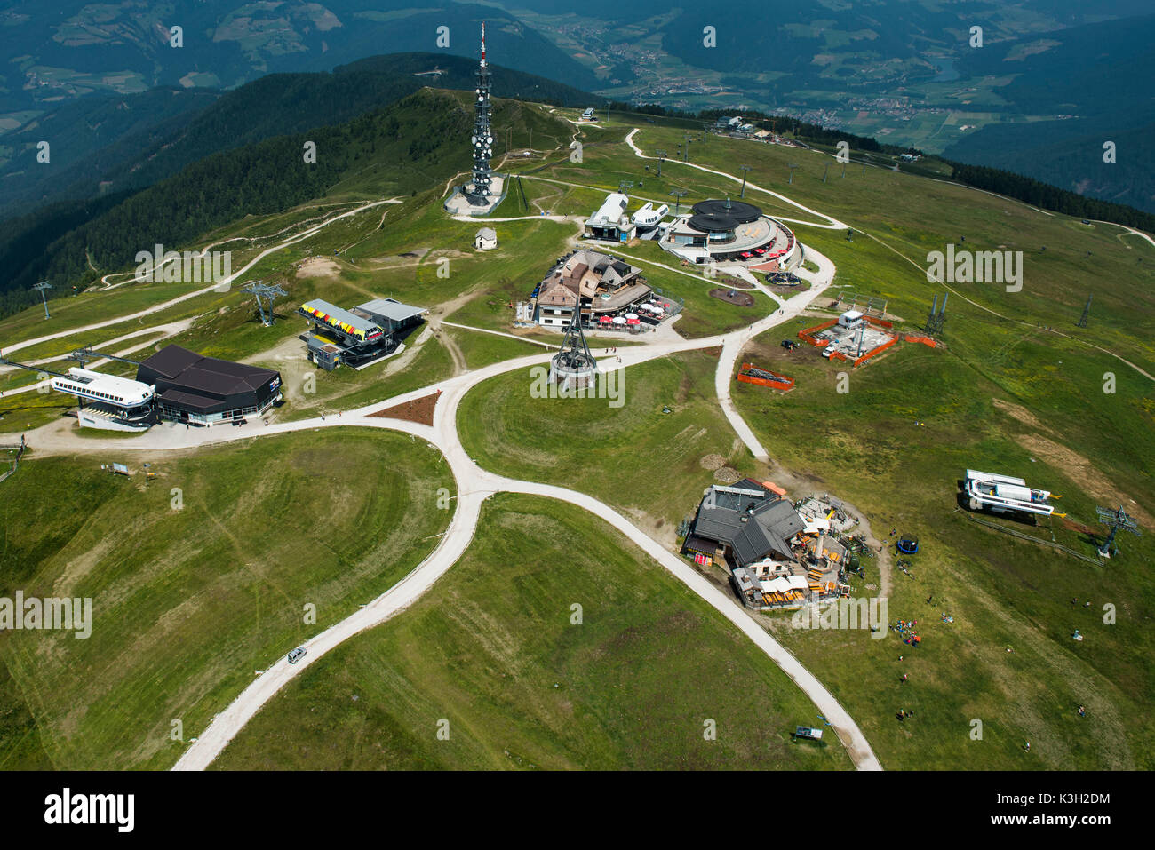 Kronplatz, obere Klemme, Bruneck, Berggipfel, Bergrestaurant, Südtirol, Luftbild, Italien Stockfoto