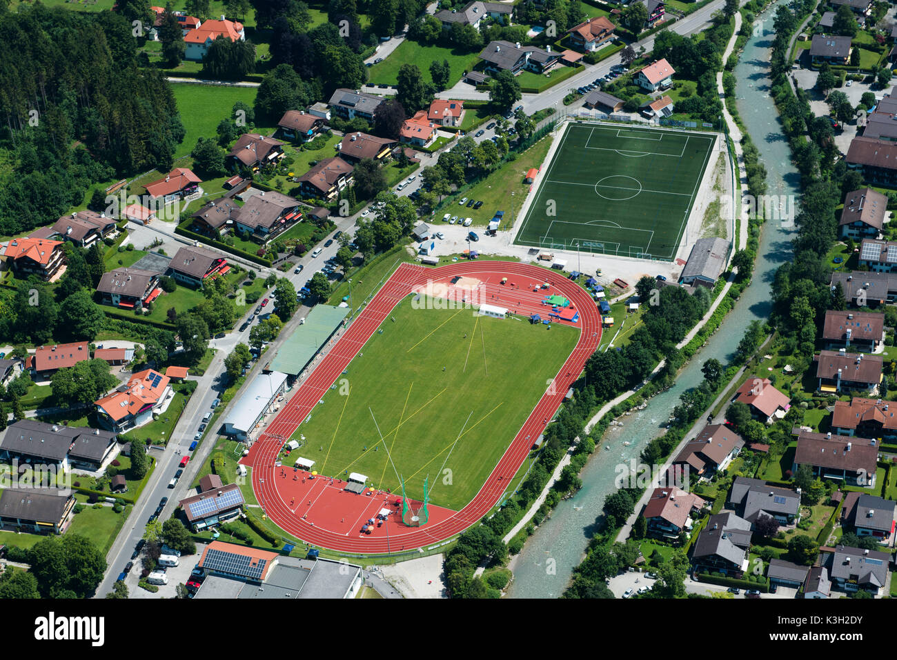 Stadion am Gröben, Garmisch-Partenkirchen, leichtathletik, sport, Luftbild, Deutschland, Bayern, Oberbayern, Werdenfelser Land Stockfoto