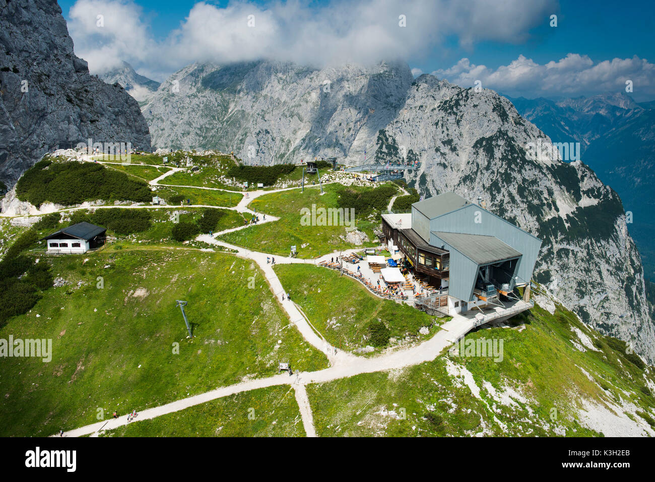 Alpspitz Bahn, Alpspix, Osterfelder, obere Klemme, Bergrestaurant, Garmisch-Partenkirchen, Luftbild, Deutschland, Bayern, Oberbayern, Bayerische Alpen, Zugspitze, Werdenfelser Land Region Stockfoto