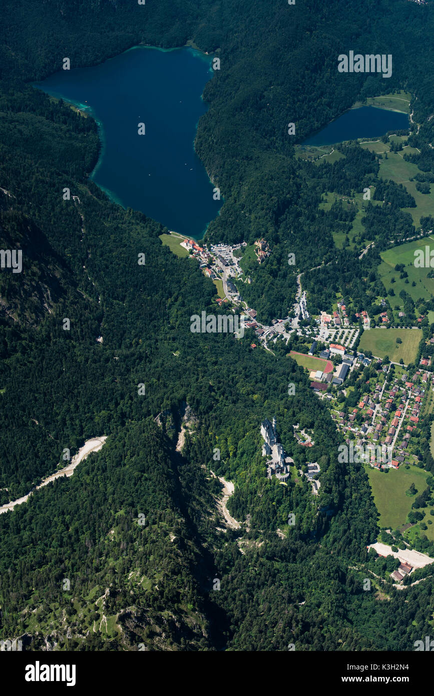 Sperren des neuen Schwanensee, Alpsee in der Nähe Schloss Neuschwanstein, Schloss Hohenschwangau bei Füssen, Luftbild, Allgäu, Bayern, Deutschland Stockfoto