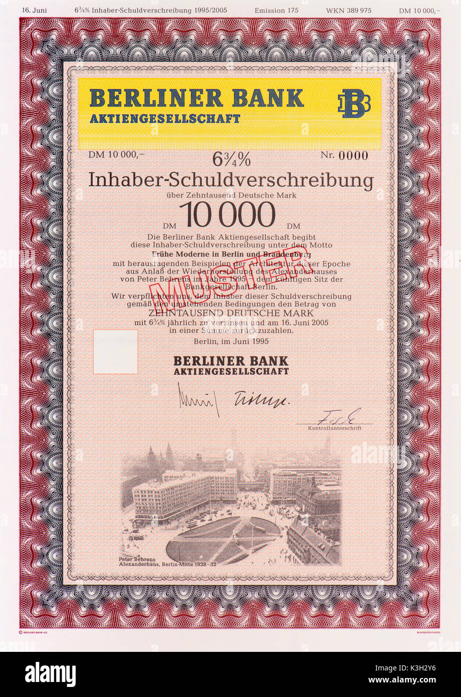 Teilschuldverschreibung der Berliner Bank Stockfoto