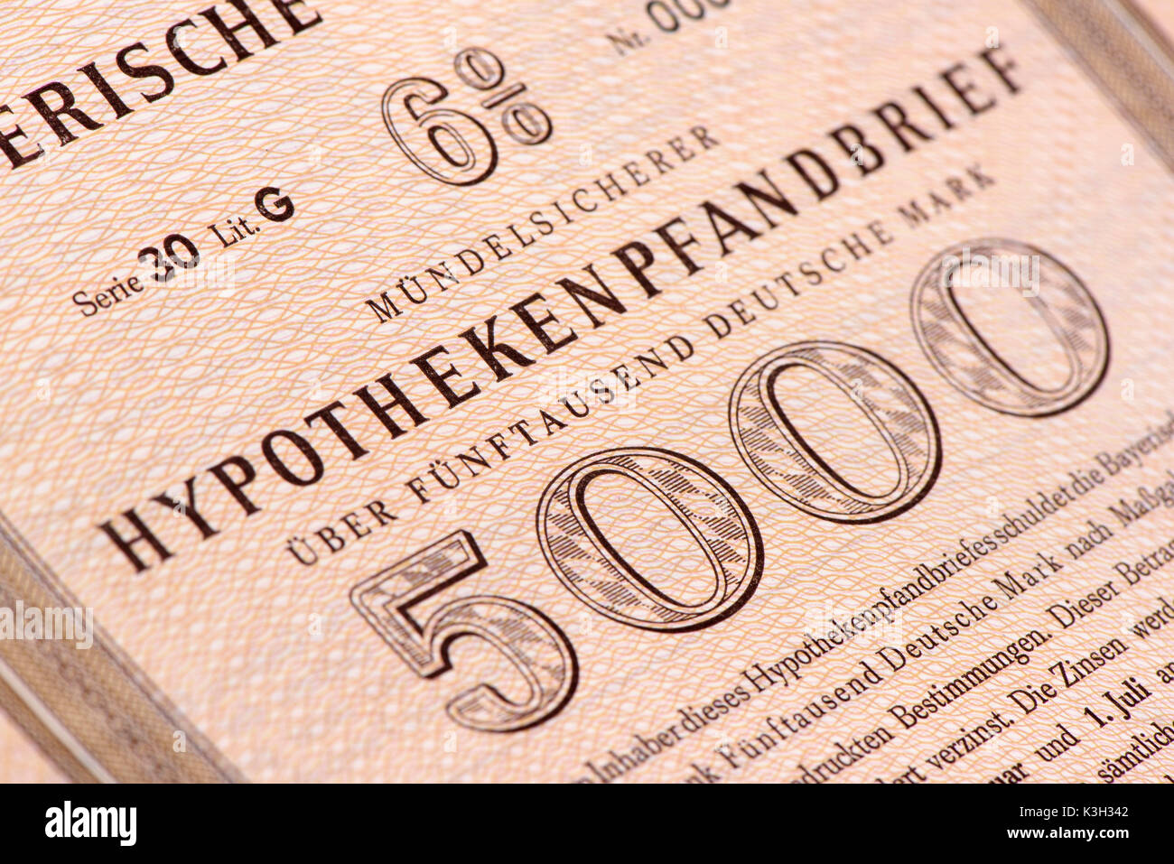 Hypothek Anleihe der Bayerischen Vereinsbank mehr als 5000 DM Stockfoto