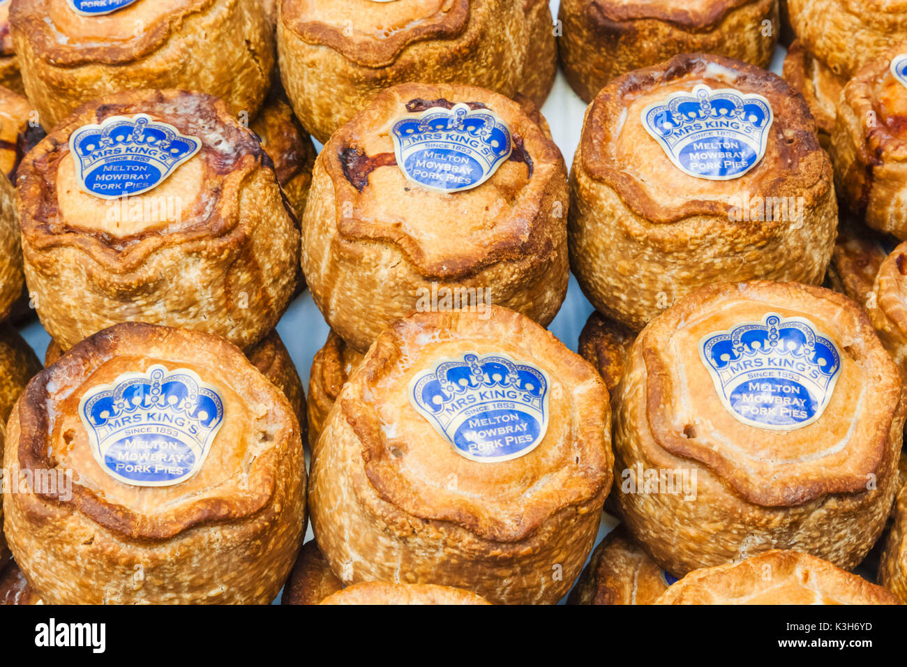 Borough Market, Pie Shop Anzeige von Melton Mowbray Torten, Southwark, London, England Stockfoto