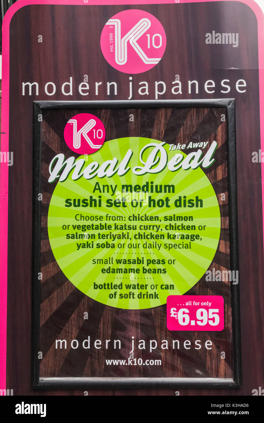 England, London, die Stadt Werbung Board für Modern Japanese Restaurant mit Take-away-japanische Küche Stockfoto