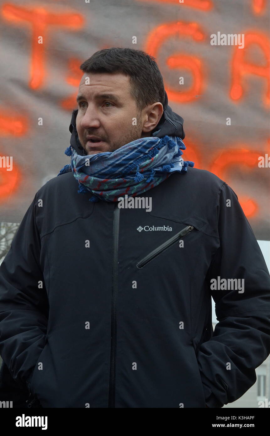 Olivier Besancenot unterstützt Streik der Briefträger in Lyon, Frankreich Stockfoto
