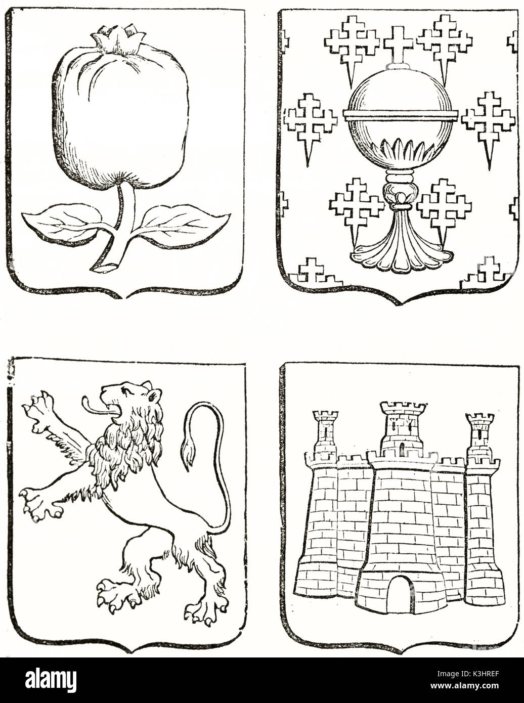 Alte graviert Reproduktion von 4 Wappen: Granatapfel, heiligen Kelch, zügellos Lion und die Burg. Von unbekannter Autor, auf Magasin Pittoresque, Paris, 1838 veröffentlicht. Stockfoto