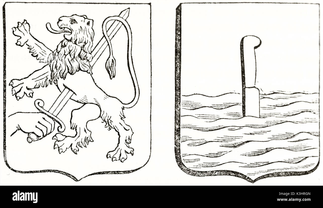Alte graviert Reproduktion von 2 Wappen: durchbohrt Lion und durchbohrt. Von unbekannter Autor, auf Magasin Pittoresque, Paris, 1838 veröffentlicht. Stockfoto