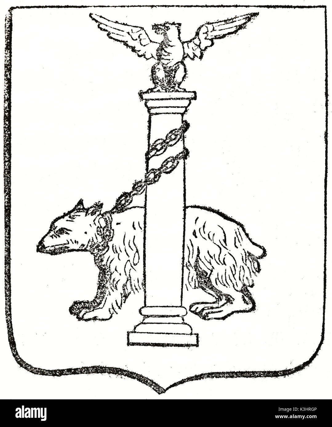 Alte graviert Reproduktion eines Wappen besteht aus einem Bären, der auf eine Spalte. Von unbekannter Autor, auf Magasin Pittoresque, Paris, 1838 veröffentlicht. Stockfoto