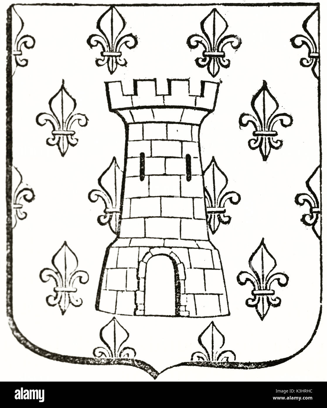 Alte graviert Reproduktion eines Wappen, die in einem Turm und fleurs-de-Lis. Von unbekannter Autor, auf Magasin Pittoresque, Paris, 1838 veröffentlicht. Stockfoto