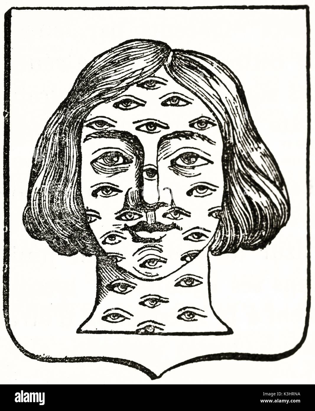 Alte graviert Reproduktion eines Wappen, die in einem Gesicht mit vielen Augen. Von unbekannter Autor, auf Magasin Pittoresque, Paris, 1838 veröffentlicht. Stockfoto