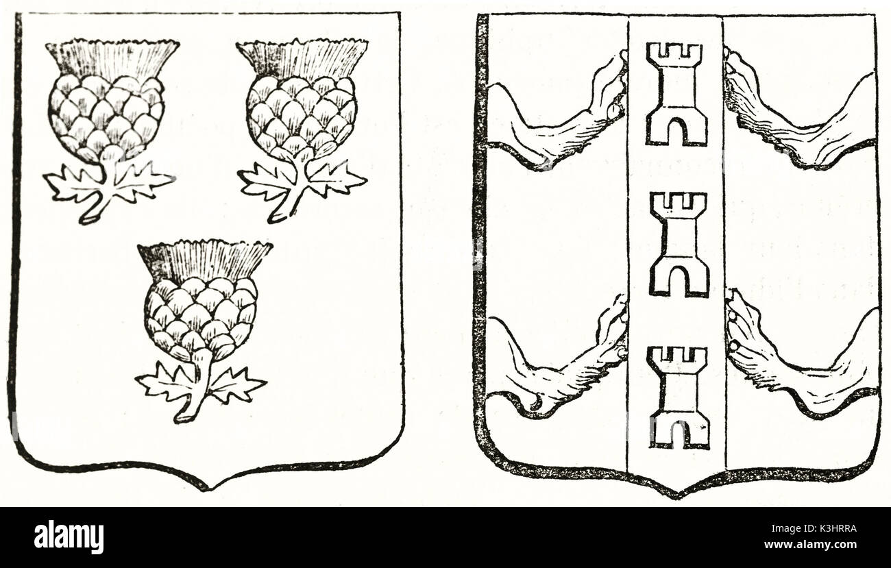 Alte graviert Reproduktion von 2 Wappen: Artischocken, Pfoten und Türme. Von unbekannter Autor, auf Magasin Pittoresque, Paris, 1838 veröffentlicht. Stockfoto